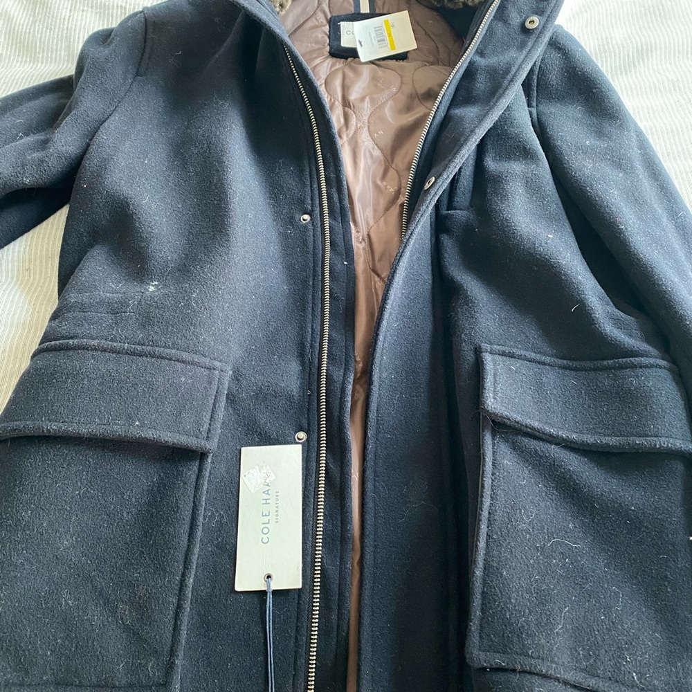 COLE HAAN Mens Navy Faux Fur Lined, Wool Blend Coat M NWT